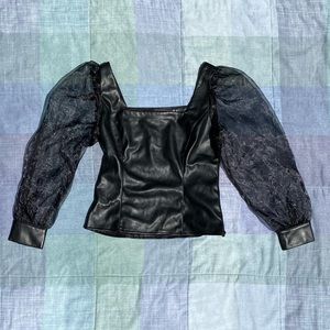 Leather-like Mesh Puffed Blouse